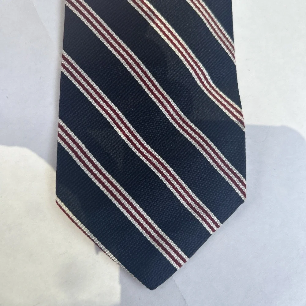 Vtg Philippe Perrier Repp Striped Silk Tie Navy Blue With Red & White Classic
